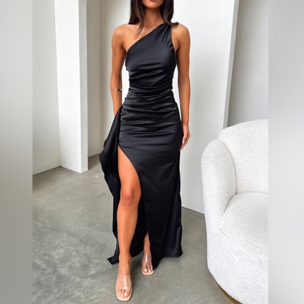 COPY - Sexy Blue Dress Satin One Shoulder Backless Maxi Dress Side High Split